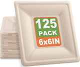 Bgtecho 125 Pack Compostable Square Plates,6 Inch Disposable Paper Plate,Heavy Duty Square Paper Plates,Biodegradable Bagasse Plate for Party Picnic