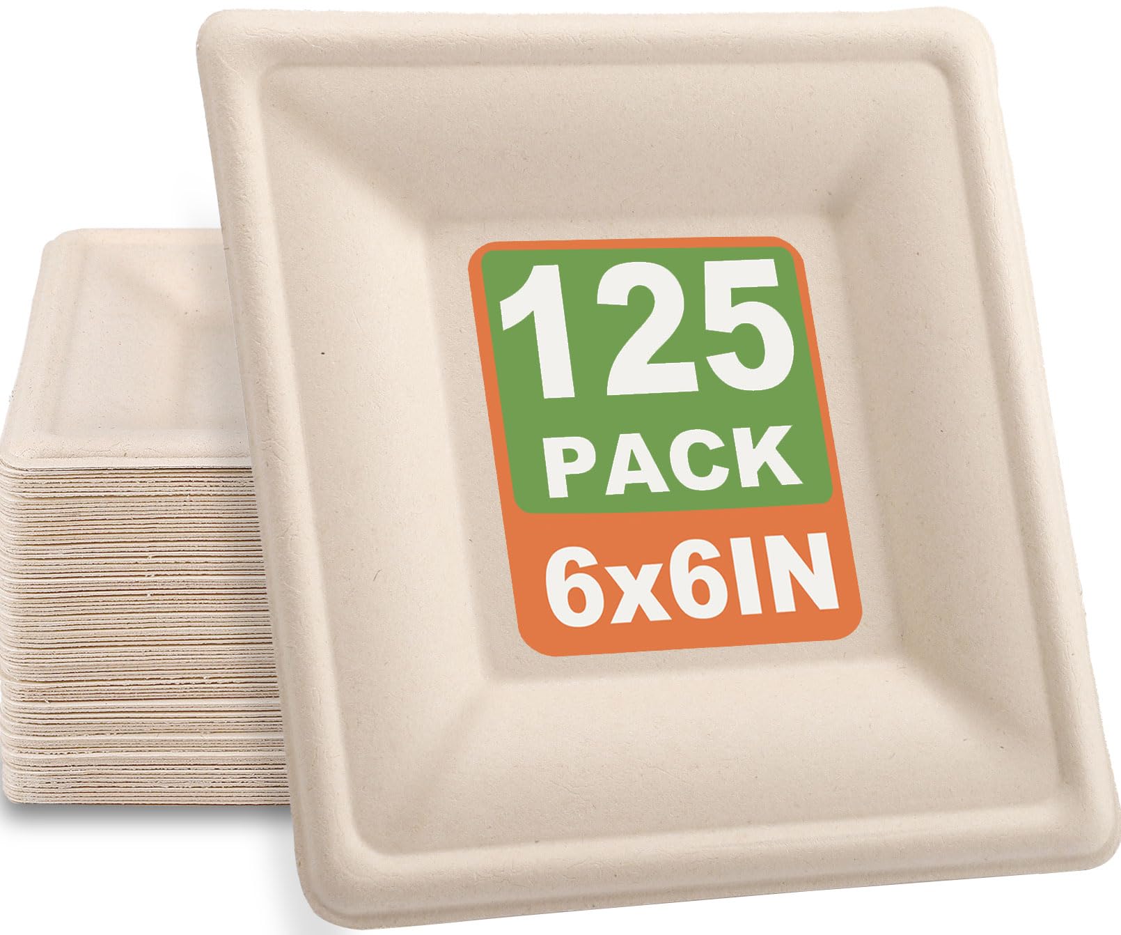 Bgtecho 125 Pack Compostable Square Plates,6 Inch Disposable Paper Plate,Heavy Duty Square Paper Plates,Biodegradable Bagasse Plate for Party Picnic