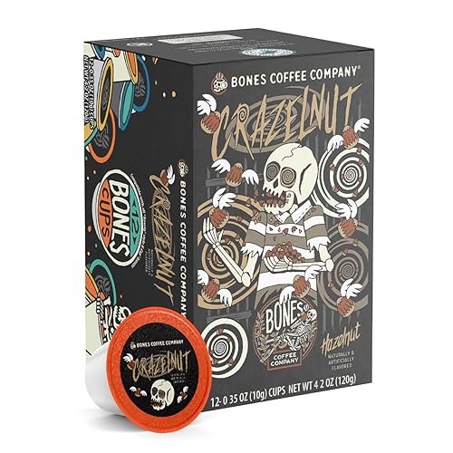 Bones Coffee Company Crazelnut, Hazelnut Flavored Coffee Pods, Low Acid Medium Roast Single-Serve Bones Cups, Compatible with 1.0 & 2.0 K-Cups Brewers