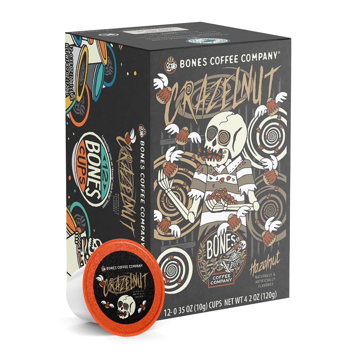 Bones Coffee Company Crazelnut, Hazelnut Flavored Coffee Pods, Low Acid Medium Roast Single-Serve Bones Cups, Compatible with 1.0 & 2.0 K-Cups Brewers