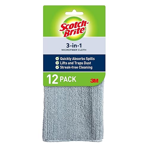 Scotch-Brite 3-in-1 Microfiber Kitchen Cloth, Streak-Free Cleaning, Pack of 12