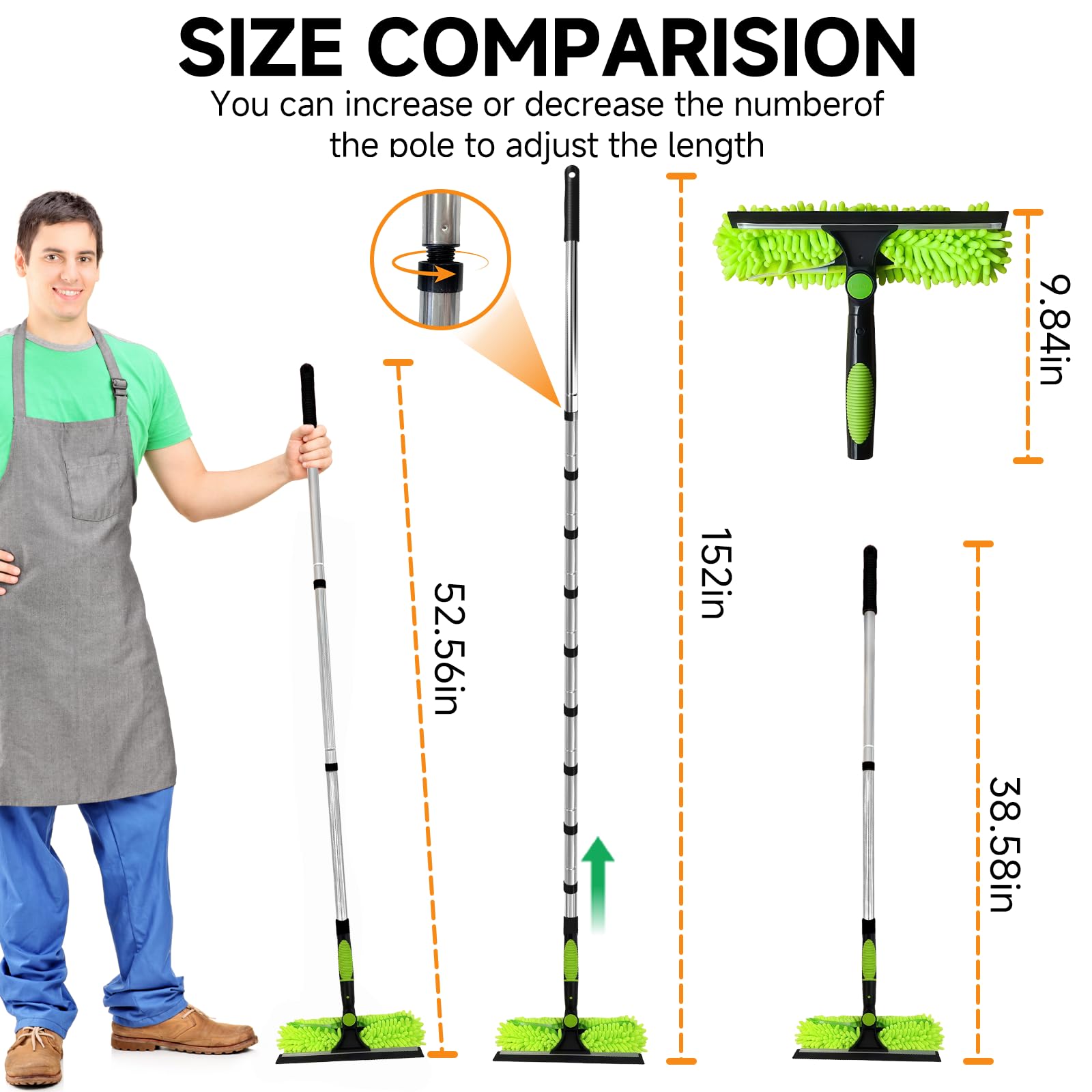 Professional 152" Window Squeegee Cleaner Tool with Extension Pole, 2-in-1 Squeegee for Window Cleaning Kit with Scrubber and Rotating Head, Window