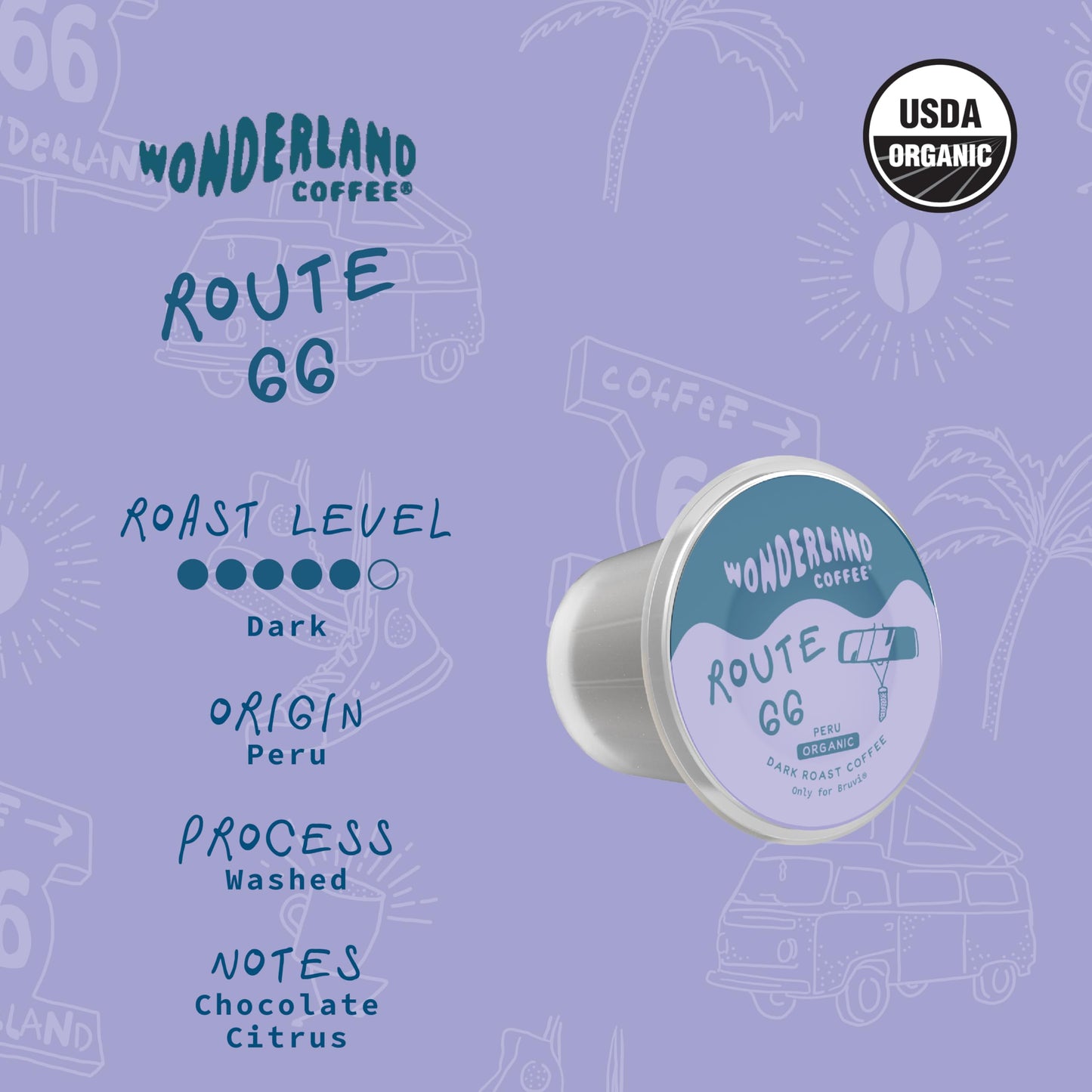 Wonderland Coffee | Route 66 Organic Coffee B-Pods | Only Compatible with Bruvi Single-Serve Coffee Brewer | Includes 60 Pods