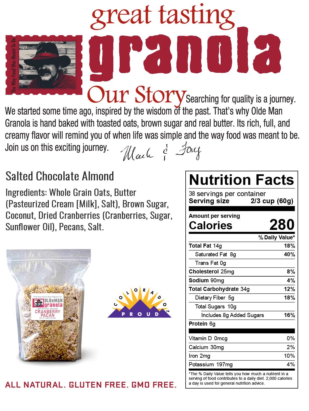 Olde Man Granola Gluten Free Granola - Non-GMO Healthy Granola Cereal - Soft Whole Grain Oats, Butter, Brown Sugar - Handmade in Colorado (Cranberry