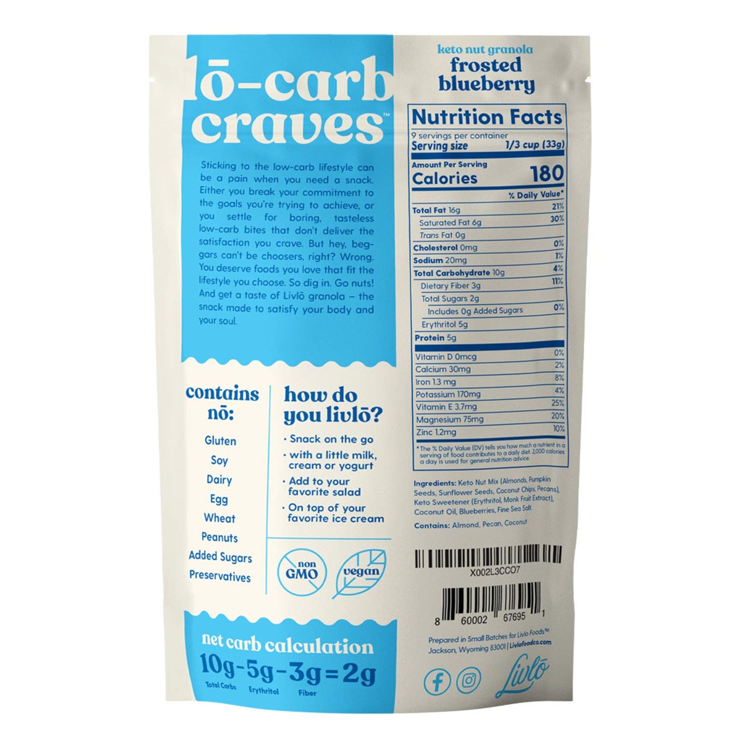 Livlo Keto Nut Granola Cereal - Only 2g Net Carb & Zero Added Sugar - Low Carb, Grain Free & Gluten Free Healthy Snack - Frosted Blueberry, 10.5 oz (3