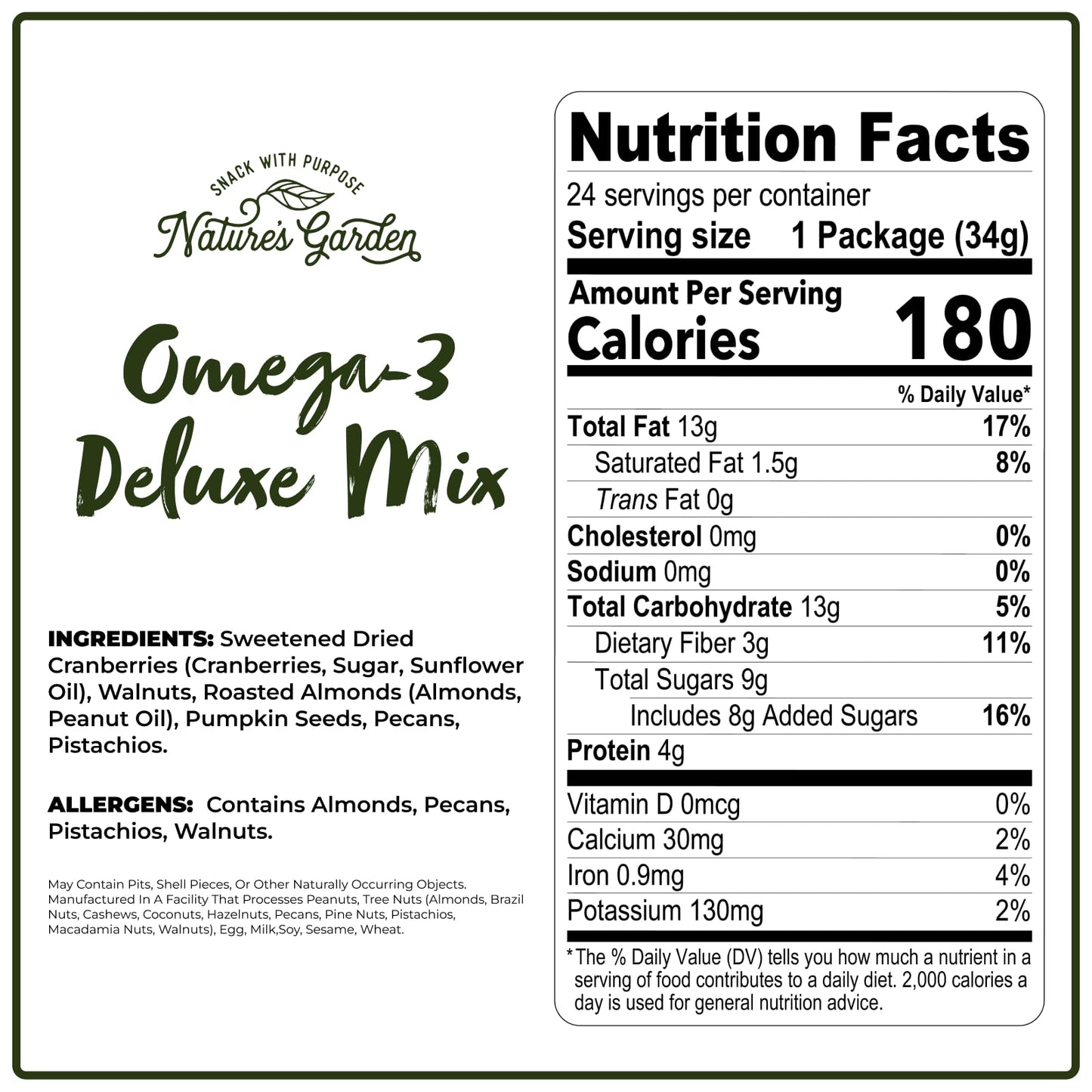 Nature's Garden Omega 3 Deluxe Mix - Trail Mix Nuts, Heart Healthy, Gluten Free, Cholesterol Free, Sodium Free, No Artificial Ingredients - 1.2 oz