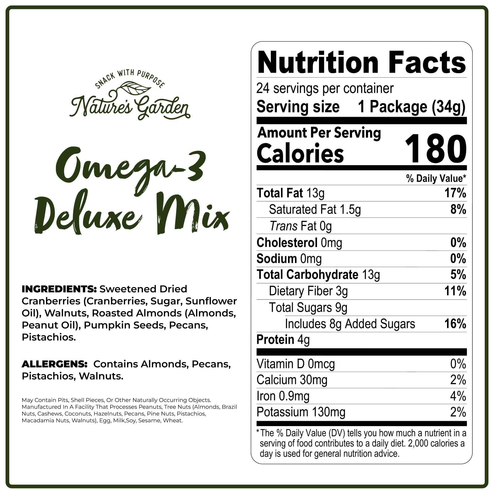 Nature's Garden Omega 3 Deluxe Mix - Trail Mix Nuts, Heart Healthy, Gluten Free, Cholesterol Free, Sodium Free, No Artificial Ingredients - 1.2 oz