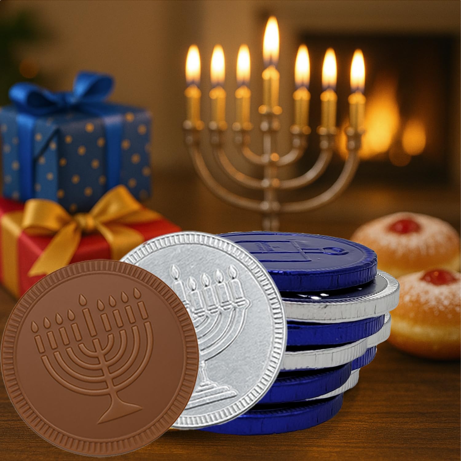 The Dreidel Company 12-Pack Blue & Silver Hanukkah Mesh Bags Milk Chocolate Coins, Hanukkah Design Gelt, Non GMO, Kosher Certified OU-D