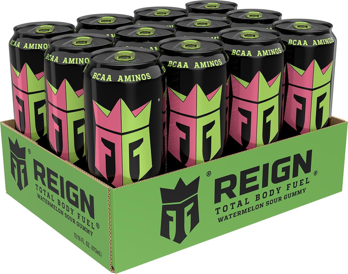 Reign Total Body Fuel, Watermelon Sour Gummy, Fitness & Performance Drink, 16 Fl Oz (Pack of 12)