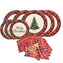 Gatherfun Christmas Party Supplies Christmas Tree Red Plaid Disposable Paper Dinner Plates Dessert Plates and Napkins for Party, Serve 20