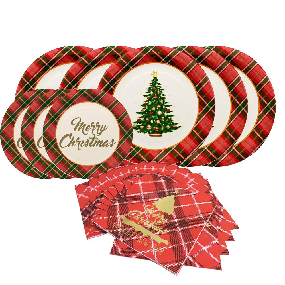 Gatherfun Christmas Party Supplies Christmas Tree Red Plaid Disposable Paper Dinner Plates Dessert Plates and Napkins for Party, Serve 20