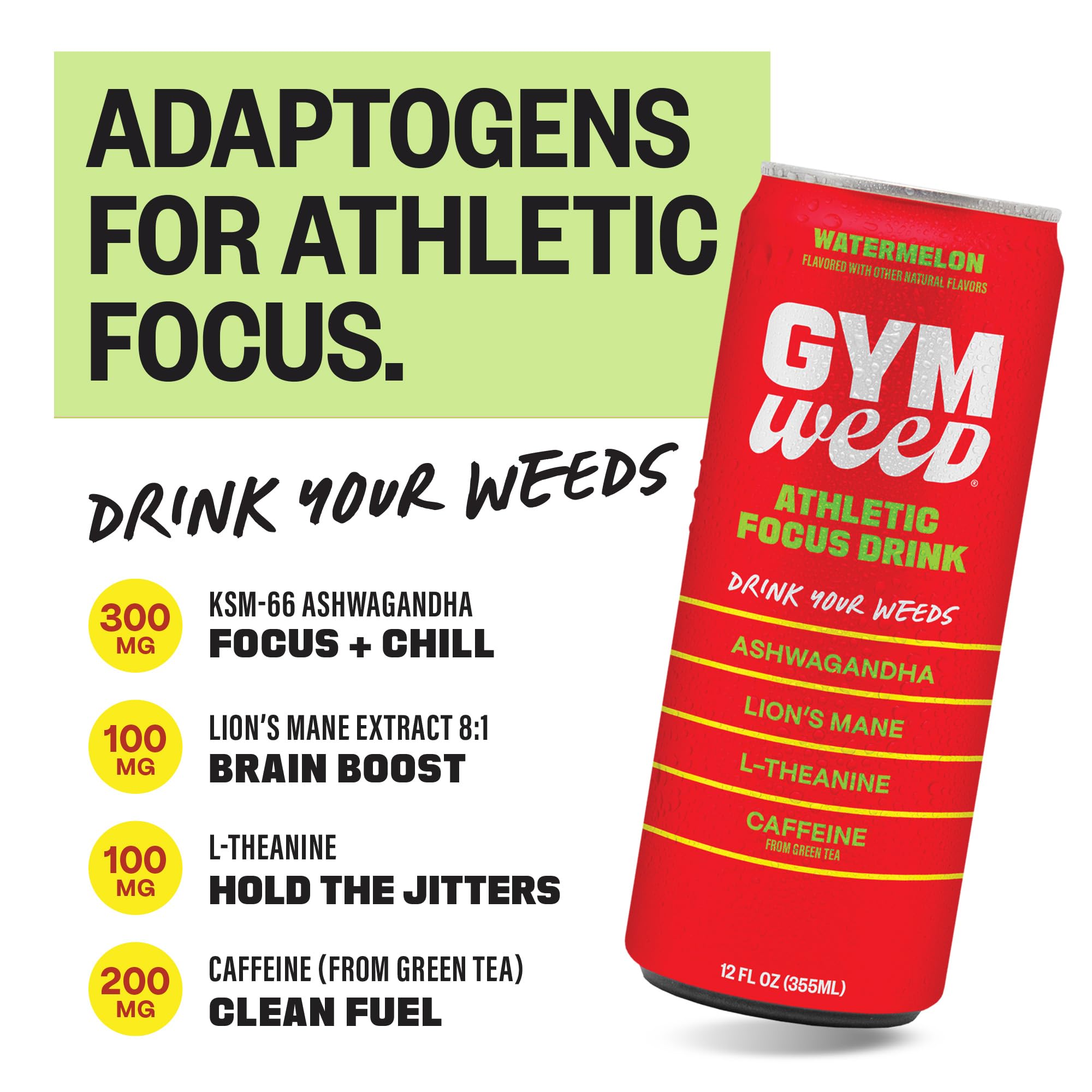 GYM WEED Athletic Focus Drink with KSM-66 Ashwagandha, Lion's Mane Mushroom, L-Theanine, 200mg Green Tea Caffeine with Natural Sweeteners Watermelon