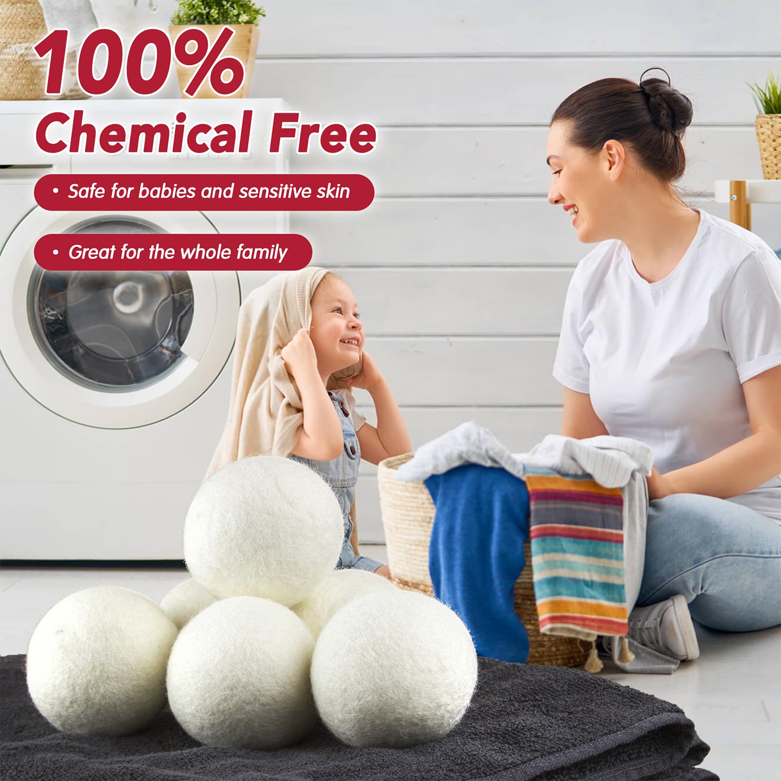 100% New Zealand Wool Dryer Balls XL Size - 6 Pack, Organic & Chemical-Free Fabric Softener, Baby Safe & Hypoallergenic, Reduces Static, Wrinkles