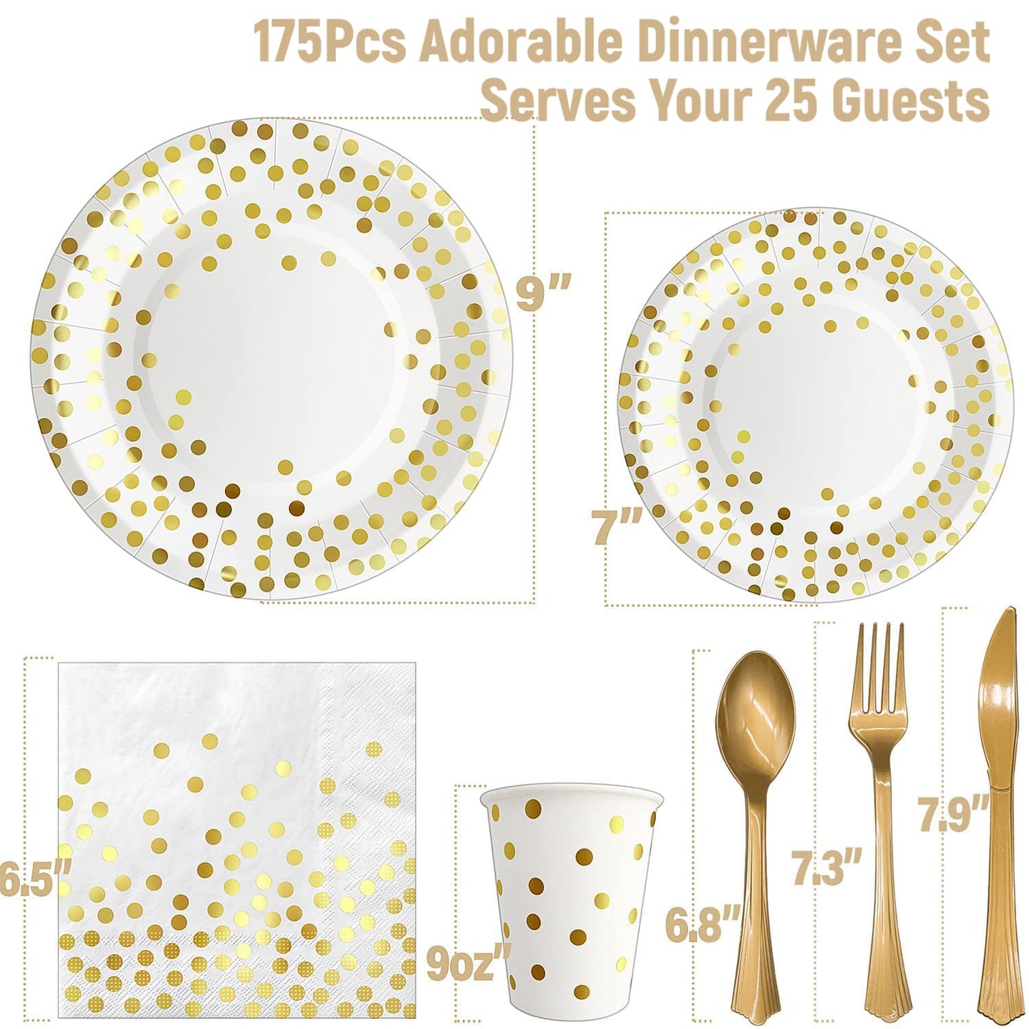AIRE 175PCS White and Gold Paper Plates Party Supplies for 25 Guests Disposable Decorations Dinnerware Golden Dot Paper Plates Napkins Cups Gold