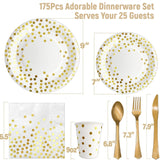 AIRE 175PCS White and Gold Paper Plates Party Supplies for 25 Guests Disposable Decorations Dinnerware Golden Dot Paper Plates Napkins Cups Gold
