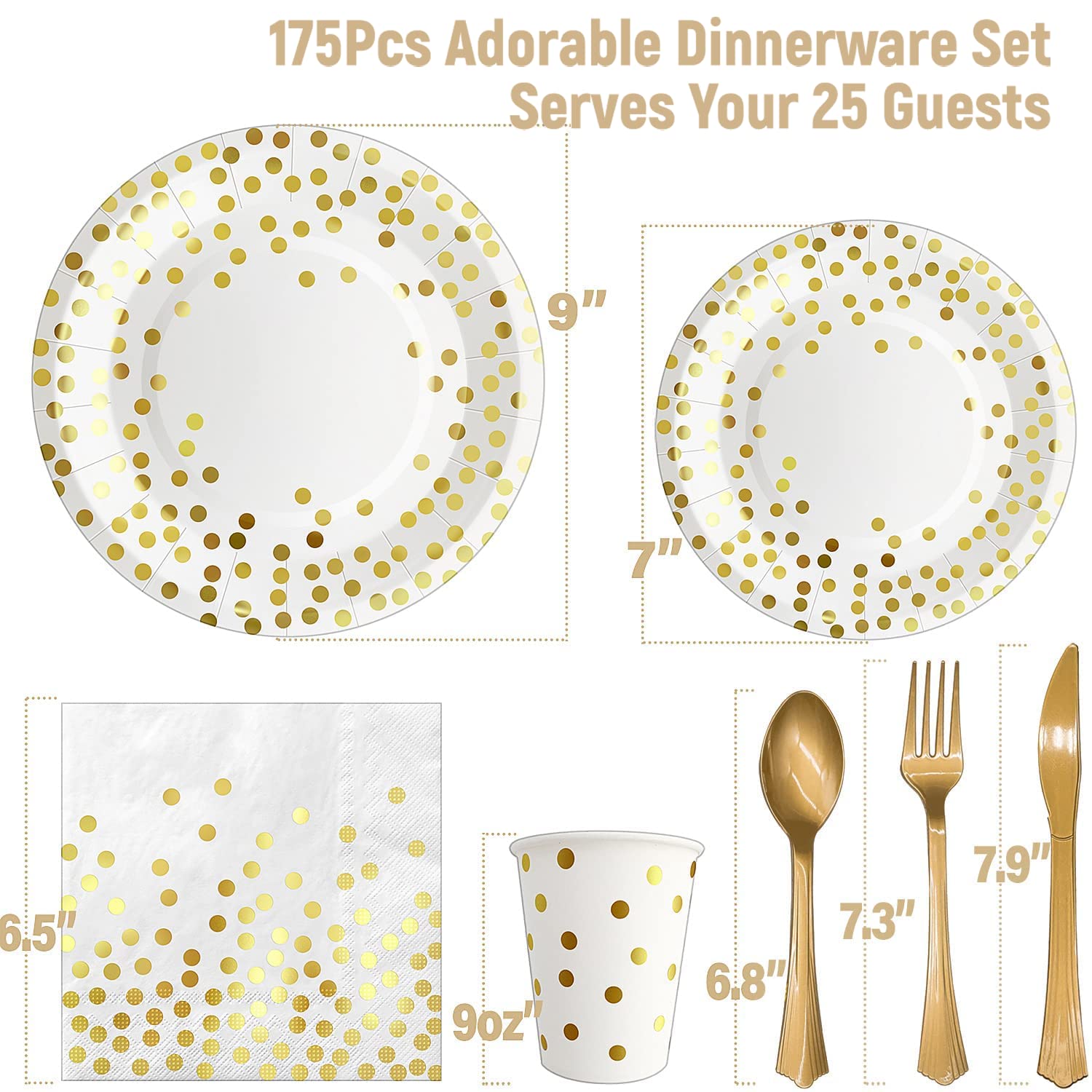 AIRE 175PCS White and Gold Paper Plates Party Supplies for 25 Guests Disposable Decorations Dinnerware Golden Dot Paper Plates Napkins Cups Gold