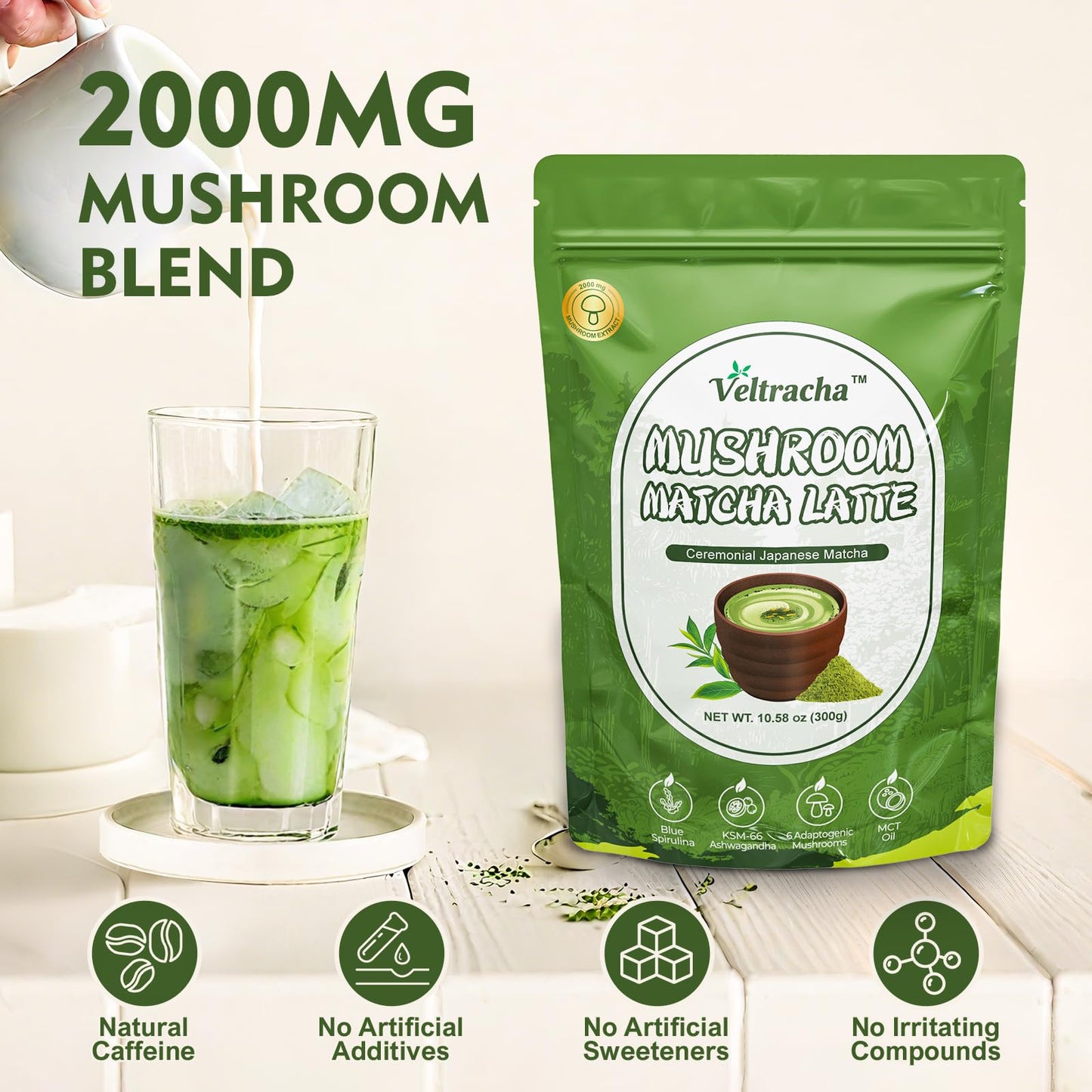 Veltracha Spirulina Mushroom Matcha, Japanese Ceremonial Grade Matcha with Ashwagandha, Adaptogenic Mushrooms Matcha Powder for Focus, Energy, Gut