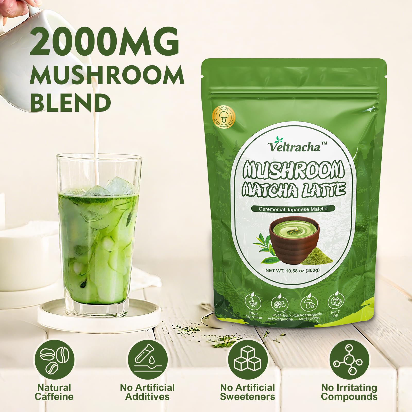 Veltracha Spirulina Mushroom Matcha, Japanese Ceremonial Grade Matcha with Ashwagandha, Adaptogenic Mushrooms Matcha Powder for Focus, Energy, Gut