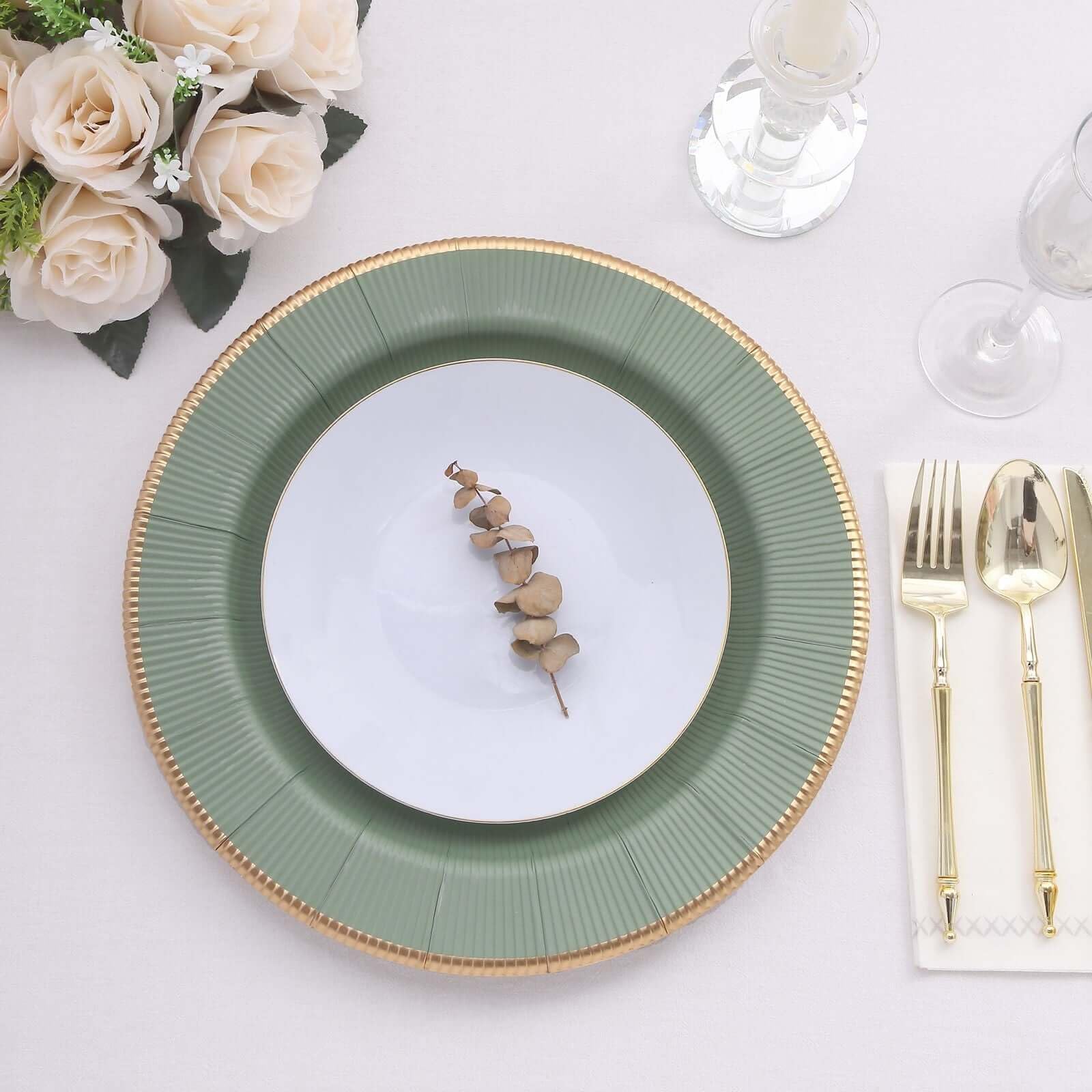 TCF Linen 25 Pack 13" Disposable Charger Plates, Paper Placemat Sage Green Sunray Design with Gold Rim - 350GSM Heavy Duty Round Plates for Events