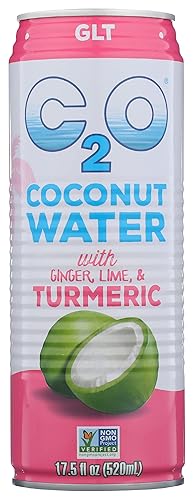 C2O Pure Coconut Water with Ginger, Lime & Turmeric | Plant Based | Non-GMO | No Added Sugar | Essential Electrolytes | 17.5 FL OZ (Pack of 12)