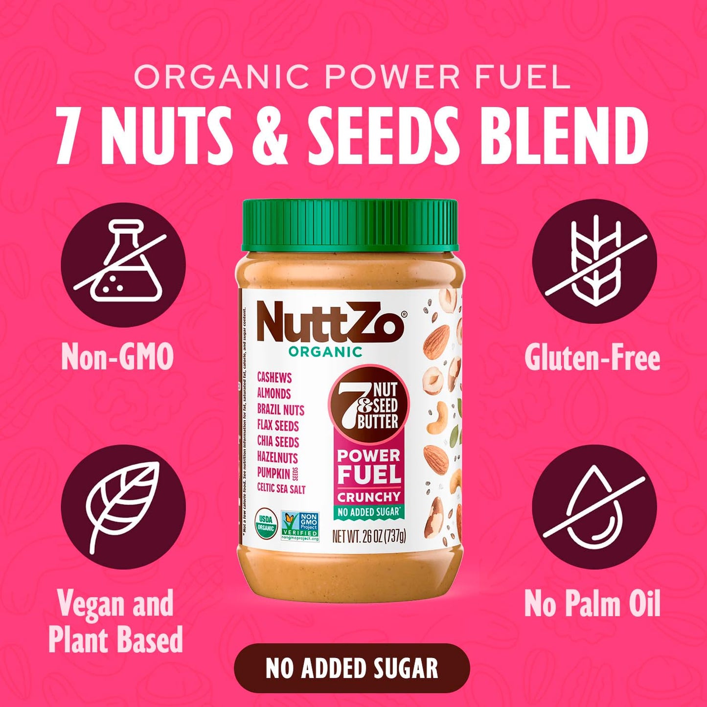 NuttZo Organic Power Fuel 7 Nuts and Seeds Butter, Crunchy, Paleo and Keto Friendly, Peanut and Gluten Free, Vegan, Kosher, 1g Sugar, 6g Protein, 26
