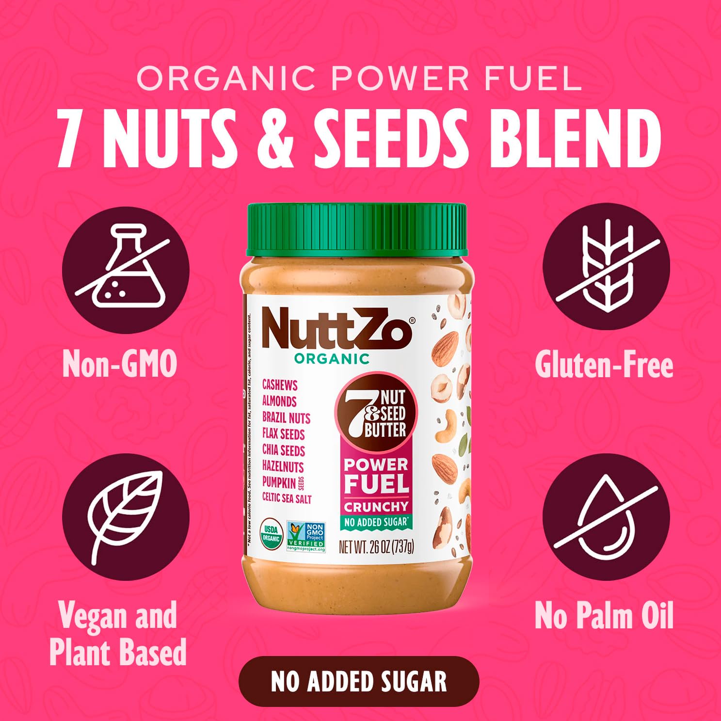 NuttZo Organic Power Fuel 7 Nuts and Seeds Butter, Crunchy, Paleo and Keto Friendly, Peanut and Gluten Free, Vegan, Kosher, 1g Sugar, 6g Protein, 26