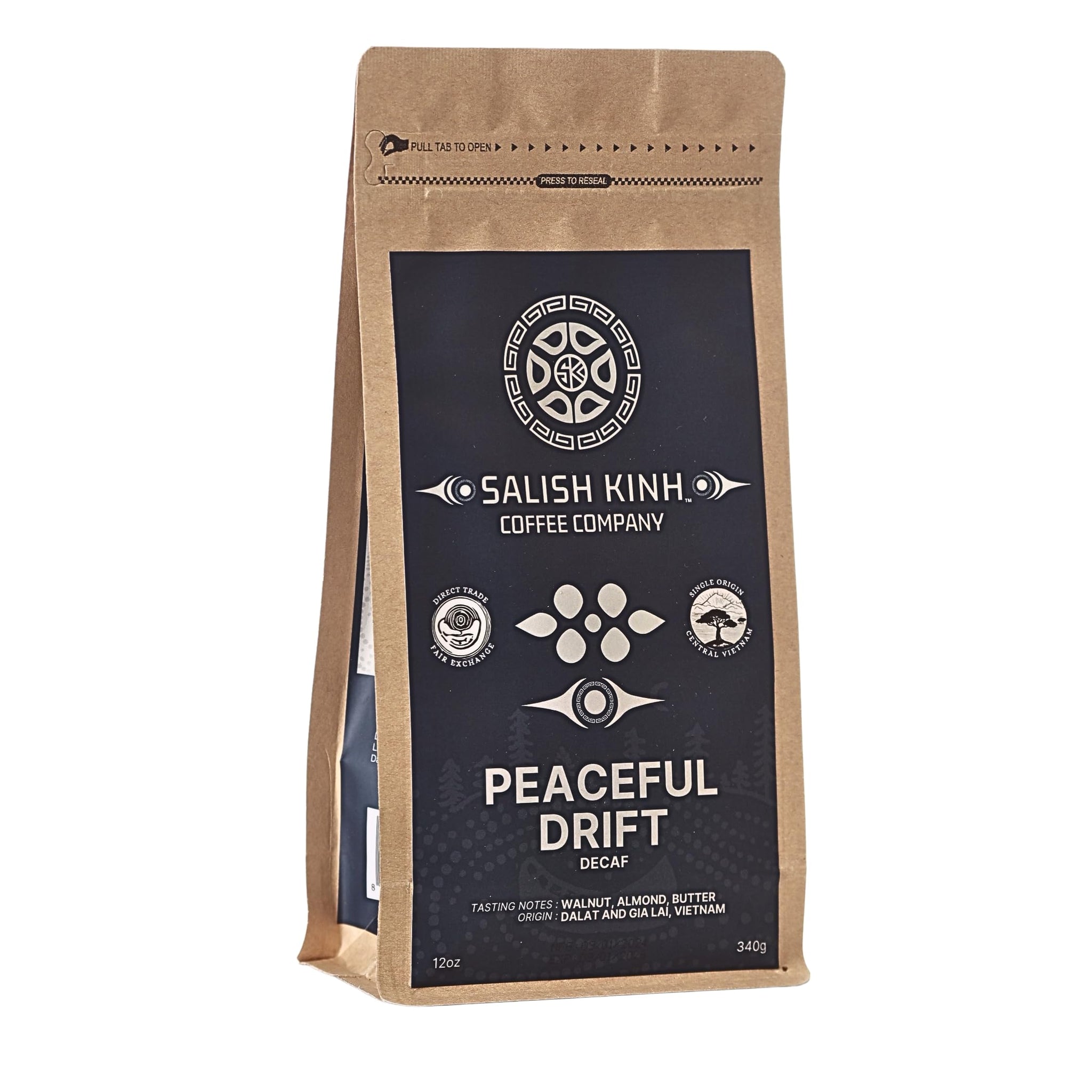 SALISH KINH Whole Bean Coffee | Peaceful Drift Decaf | 12 oz Bag | 100% Robusta | Specialty Grade Decaf | Bold Flavor | Single Origin | Direct Trade |