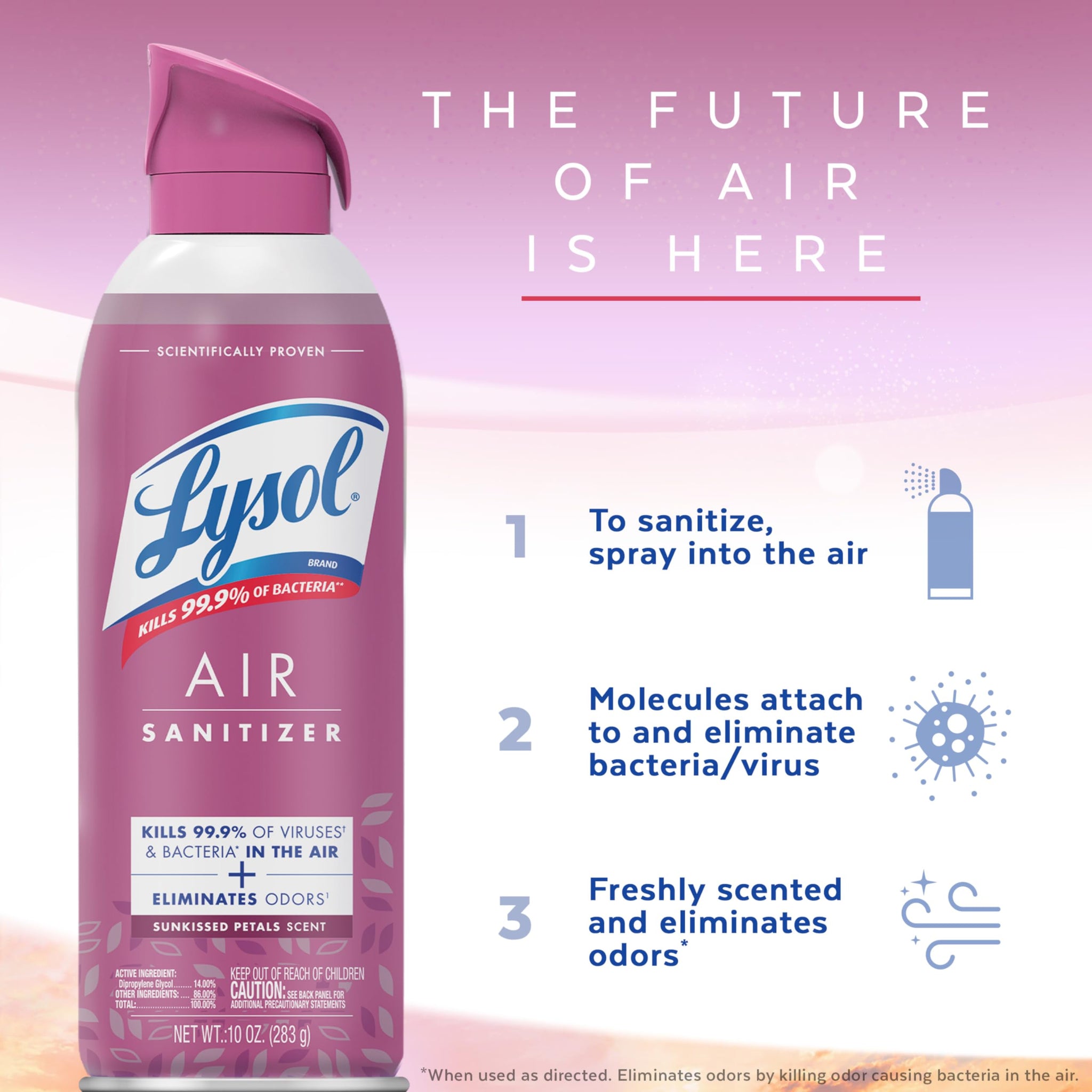 Lysol Air Sanitizer Spray with Bacterial Odor Eliminator for Home & Office, Sanitizing Air Spray, Air Freshener Alternative, Sunkissed Petals Scent