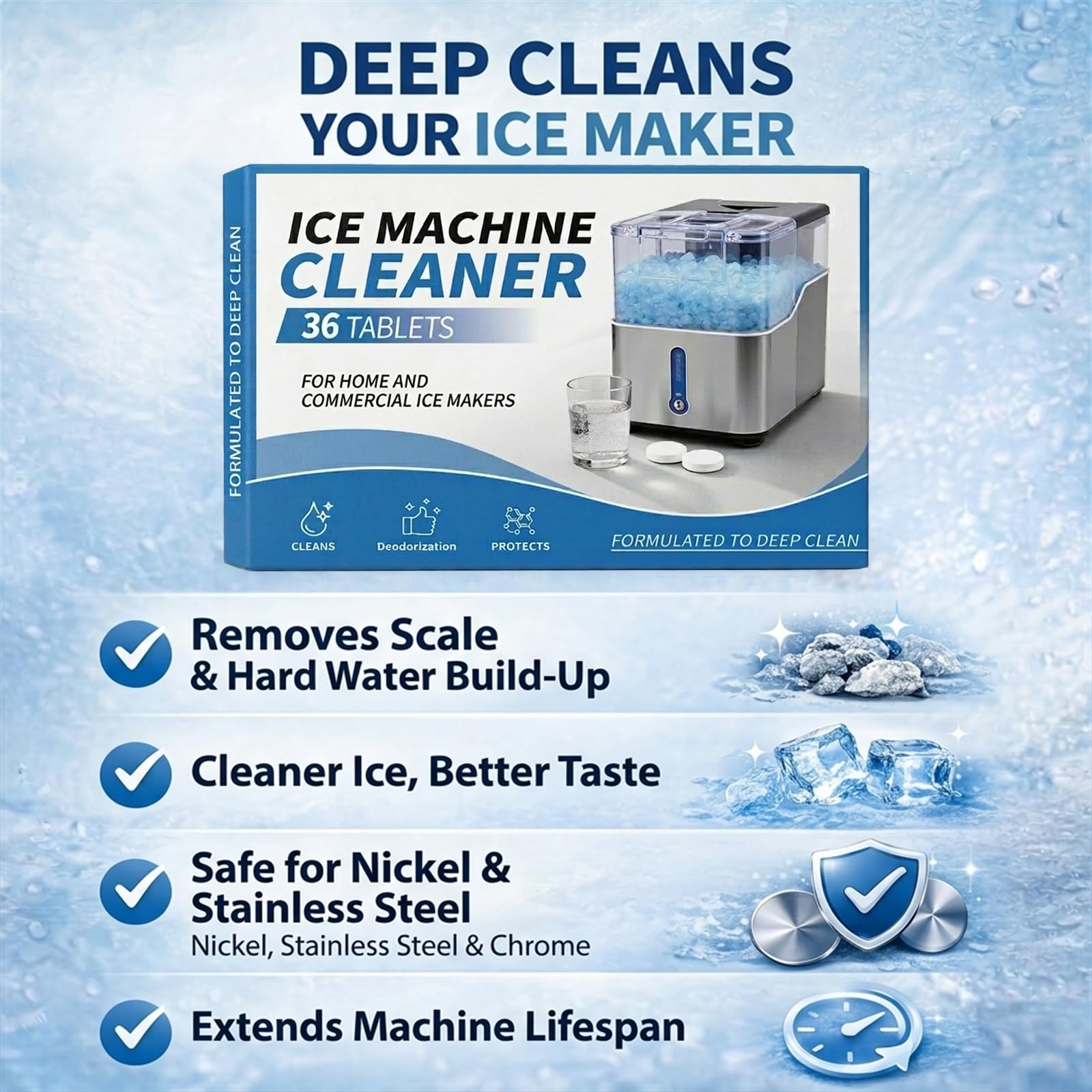RTGJPML Ice Machine Cleaner Tablets Nickel Safe Ice Maker Cleaner Tablets for Countertop, Nugget Ice Makers Compatible with All Major Brands 36pcs