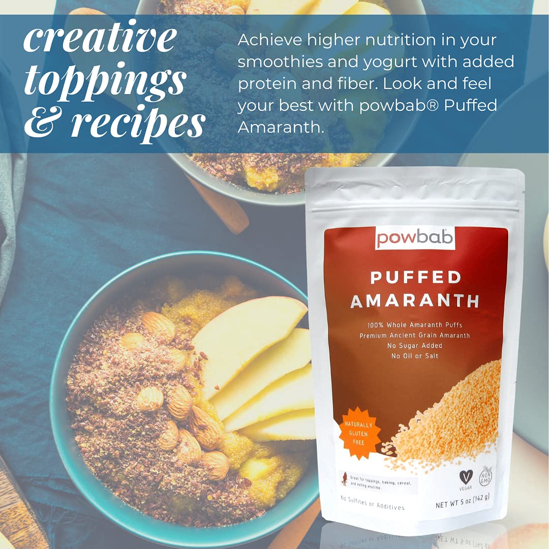 powbab Puffed Amaranth - 100% Organic Amaranth Popped in USA Whole Puffs. Good Protein Source, No Oil or Salt, No Sugar Added, Unsweetened Cereal