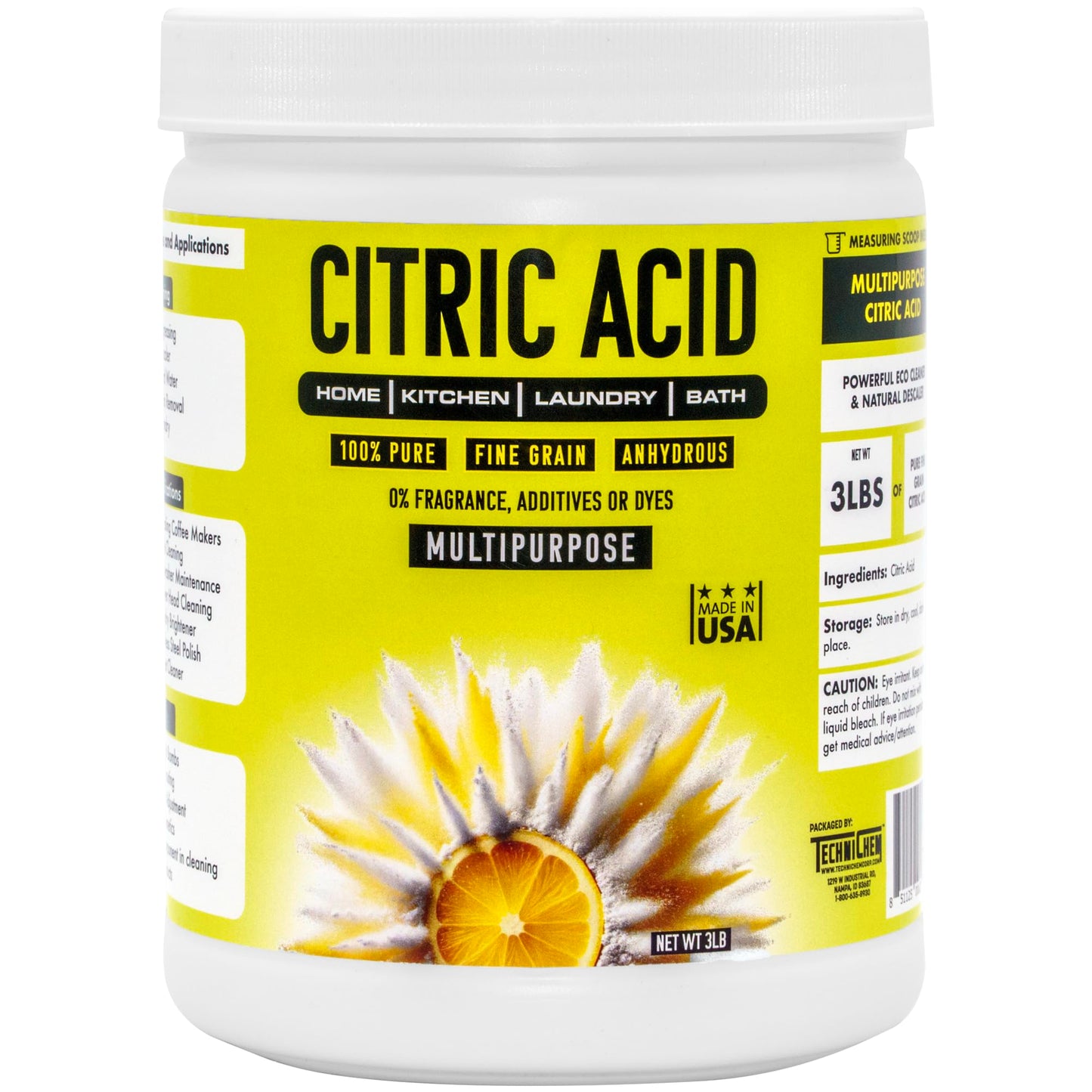 TECHNICHEM Citric Acid 3 lbs | 100% Pure, Anhydrous, Fine Granular, Multipurpose Citric Acid Powder for Cleaning and DIY Bath Bombs | Premium Quality