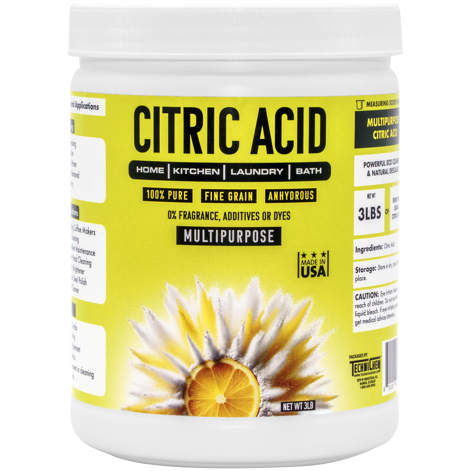 TECHNICHEM Citric Acid 3 lbs | 100% Pure, Anhydrous, Fine Granular, Multipurpose Citric Acid Powder for Cleaning and DIY Bath Bombs | Premium Quality