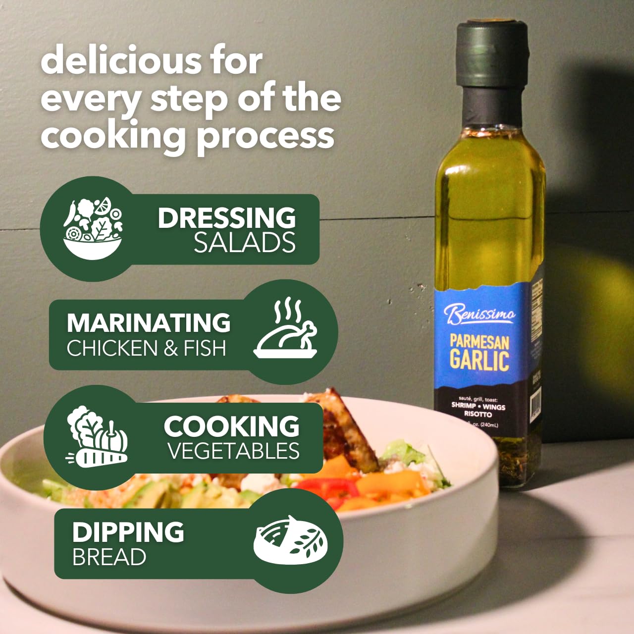 Benissimo Parmesan Garlic Herb Infused Oil, All Natural Gourmet Cooking Oil with Chef-Inspired Herbs, Ideal for Dipping, Marinades, Sautéing