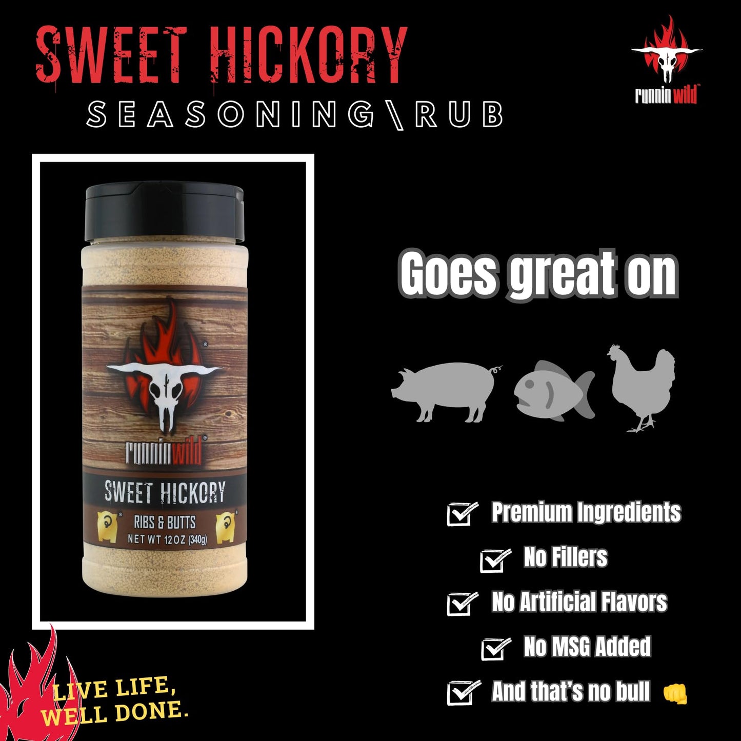 Sweet Hickory BBQ Rub - Brown Sugar Pork & Rib Seasoning | Smoky Hickory Flavor for Juicy, Tender Meat | Grill, Smoker & BBQ Rub | Runnin Wild Foods