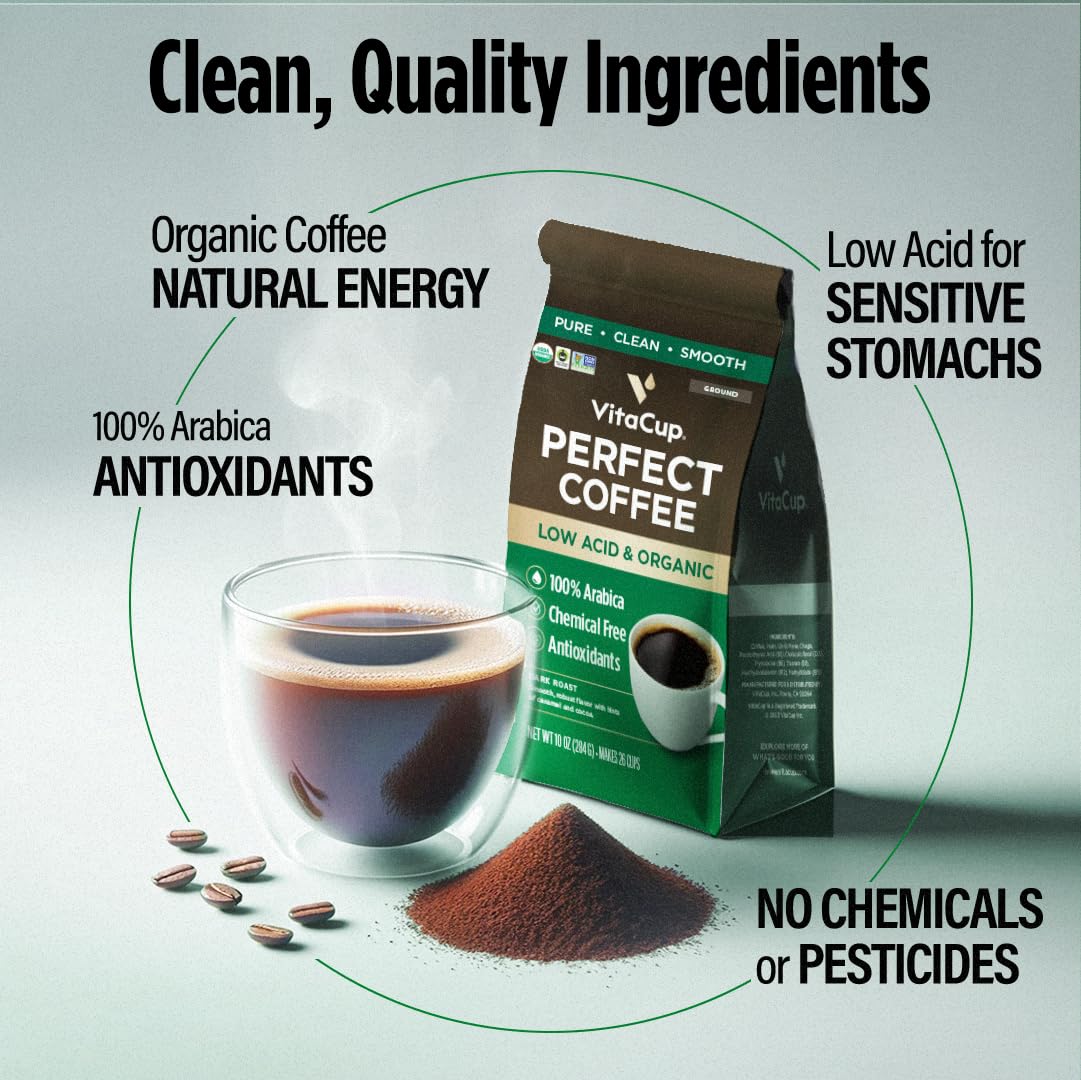 VitaCup Perfect Low Acid Coffee Ground, USDA Organic & Fair Trade, Mycotoxin Free, Dark Roast Guatemala Single Origin, Clean & Pure for Drip Coffee