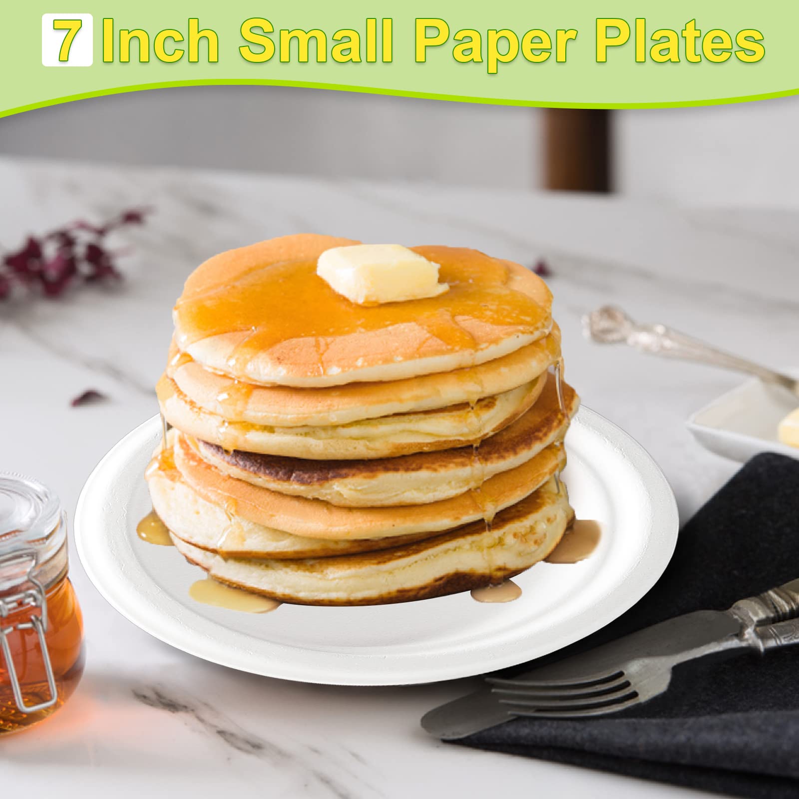 GREENESAGE Small Paper Plates 100 Pack, 7 inch Paper Plates Disposable, 100% Compostable Eco Friendly Plates, Small Dessert Plates White Paper Plates