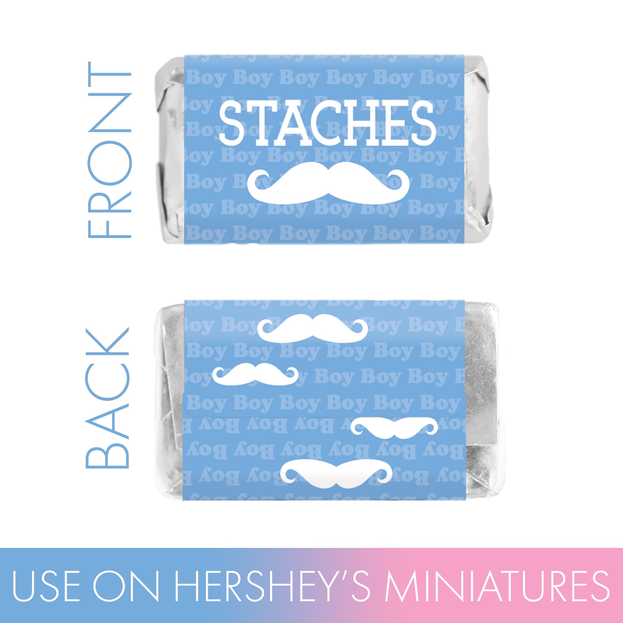 DISTINCTIVS Baby Gender Reveal Mini Candy Bar Wrappers - Lashes or Staches - 42 Stickers