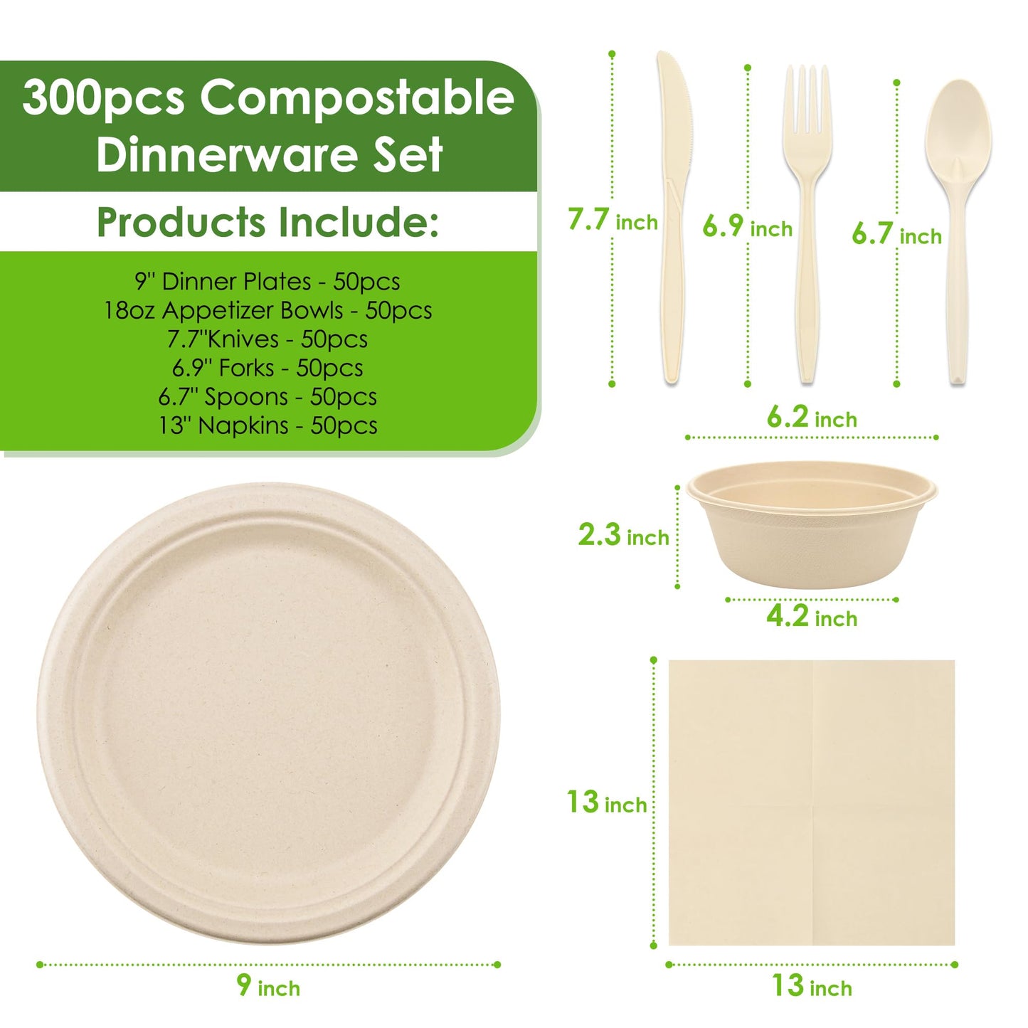 FEHHTO Disposable Paper Plates Set 300PCS Compostable Sugarcane Plates, Bowls, Heavy-duty Utensil, Biodegradable Napkins, Eco-friendly Dinnerware Set