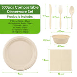 FEHHTO Disposable Paper Plates Set 300PCS Compostable Sugarcane Plates, Bowls, Heavy-duty Utensil, Biodegradable Napkins, Eco-friendly Dinnerware Set