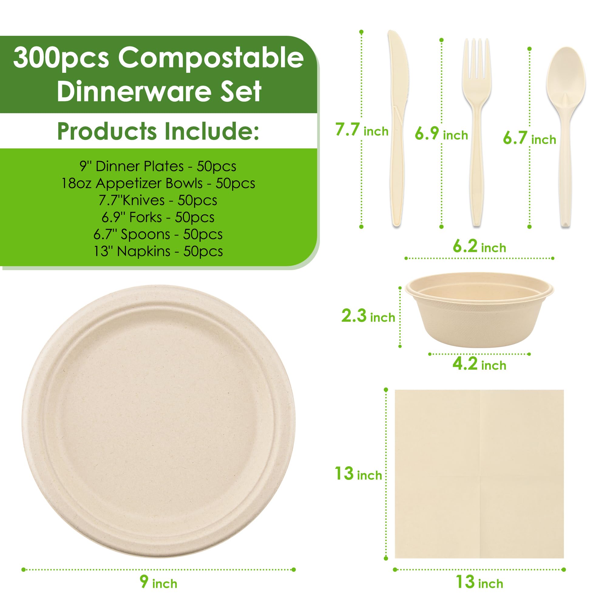 FEHHTO Disposable Paper Plates Set 300PCS Compostable Sugarcane Plates, Bowls, Heavy-duty Utensil, Biodegradable Napkins, Eco-friendly Dinnerware Set