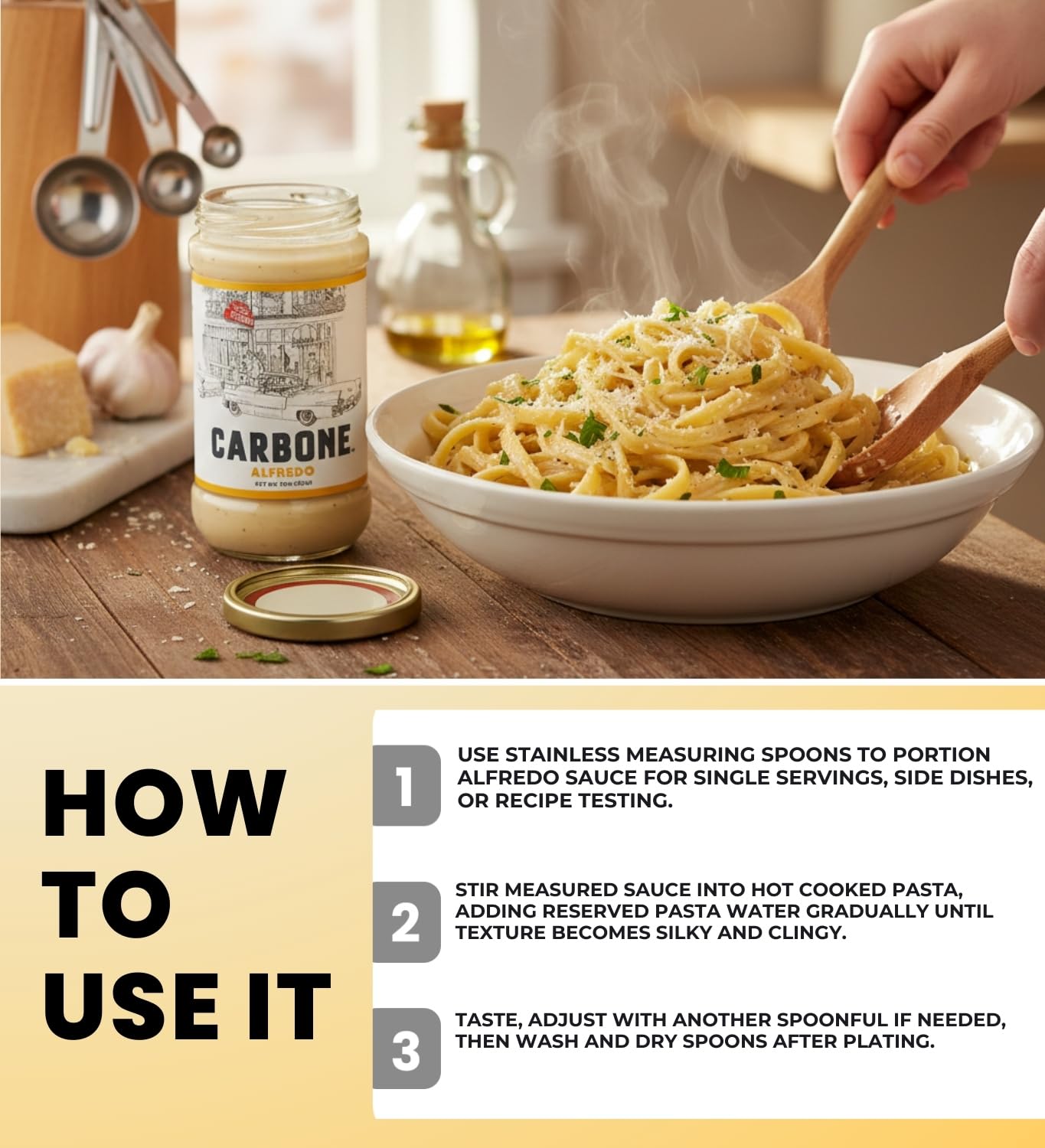 Carbone Alfredo Pasta Sauce (15 OZ.) Bundle with Measuring Spoon for Creamy Pasta Preparation and Controlled Serving - Gift Set (2 Items)