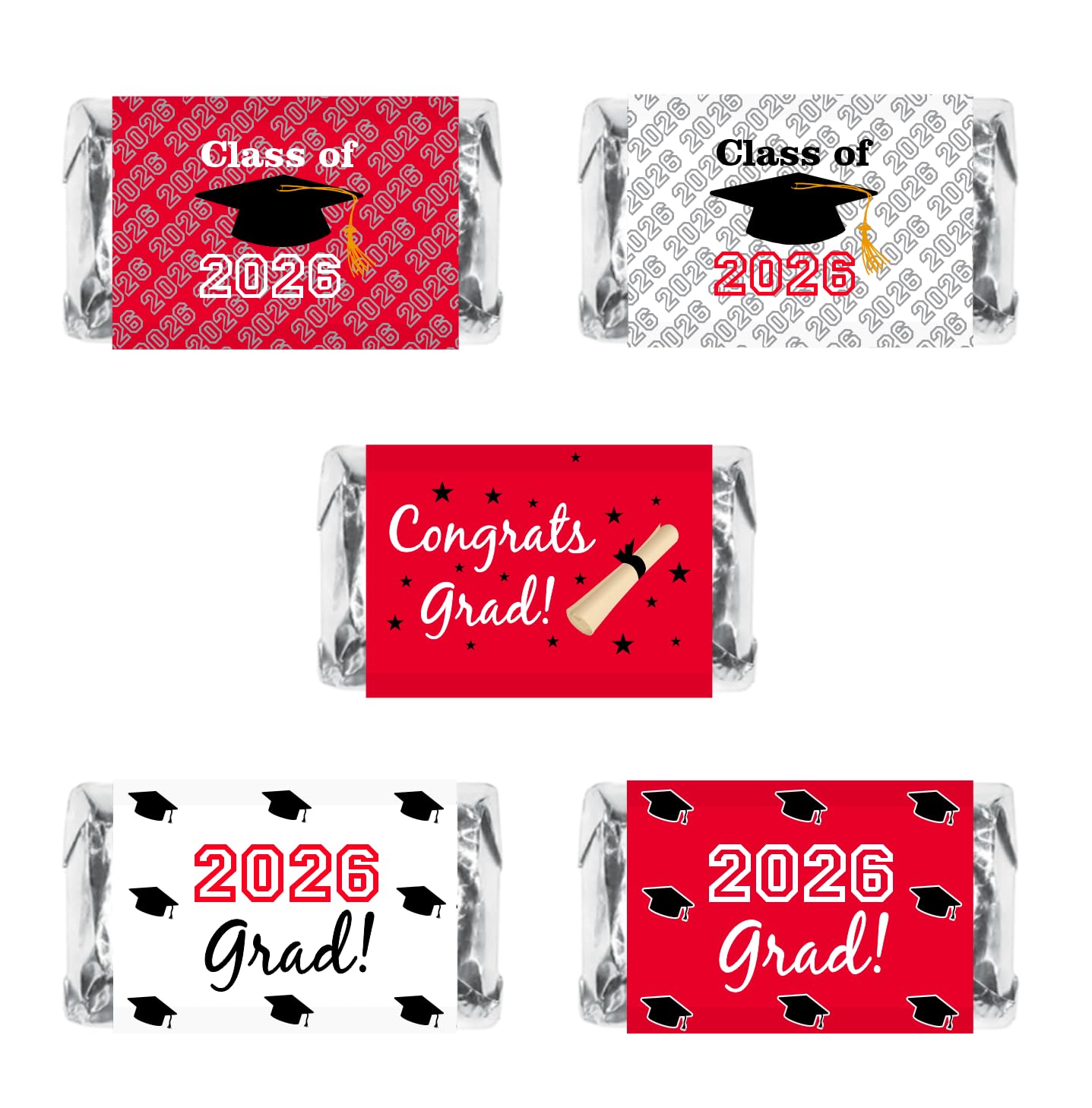 60 New Graduation Cap Party Class of 2026 Miniatures Candy Bar Wrapper, Mini Candy Chocolate Bar Stickers, Labels, Candy Not Included, Color Red. Made