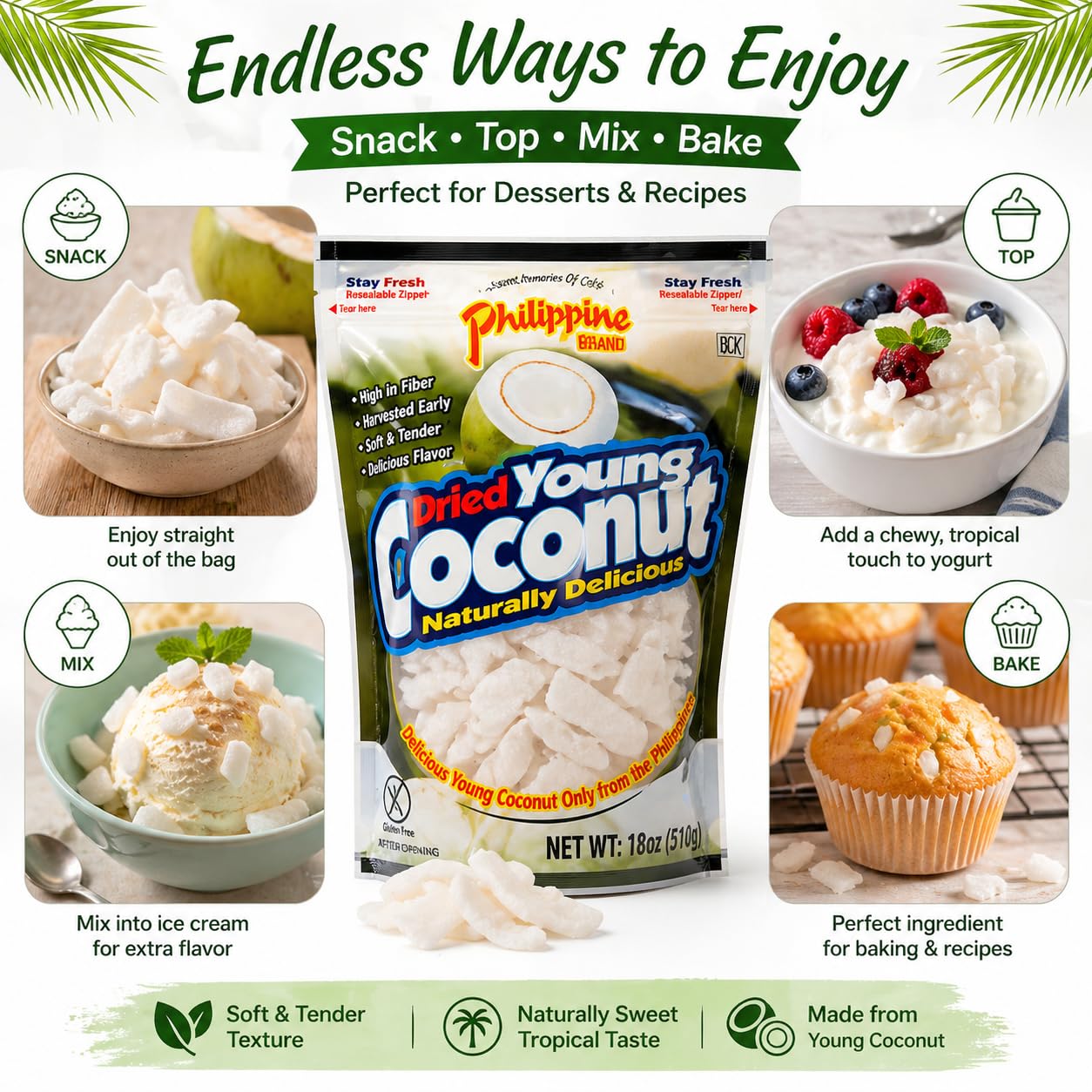 Philippine Brand Premium Dried Coconut Strips and Chunks - 2 Pack -18 oz Natural Young Coconut Meat Snacks from the Philippines - Healthy Filipino