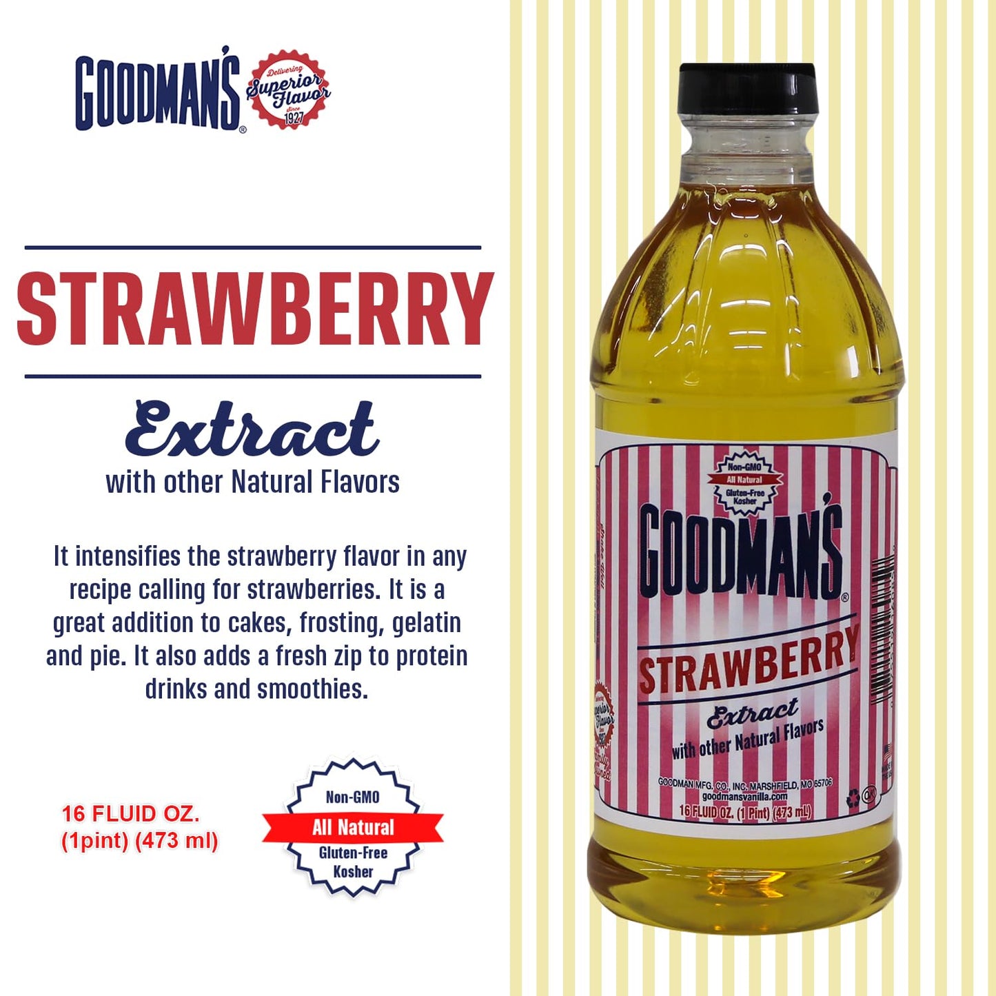 Goodman's Natural Strawberry Extract - Gluten-Free, Non-GMO, Kosher, Low Carb & Low Calorie, Low Alcohol, No Artificial Color, No Animal Products, No