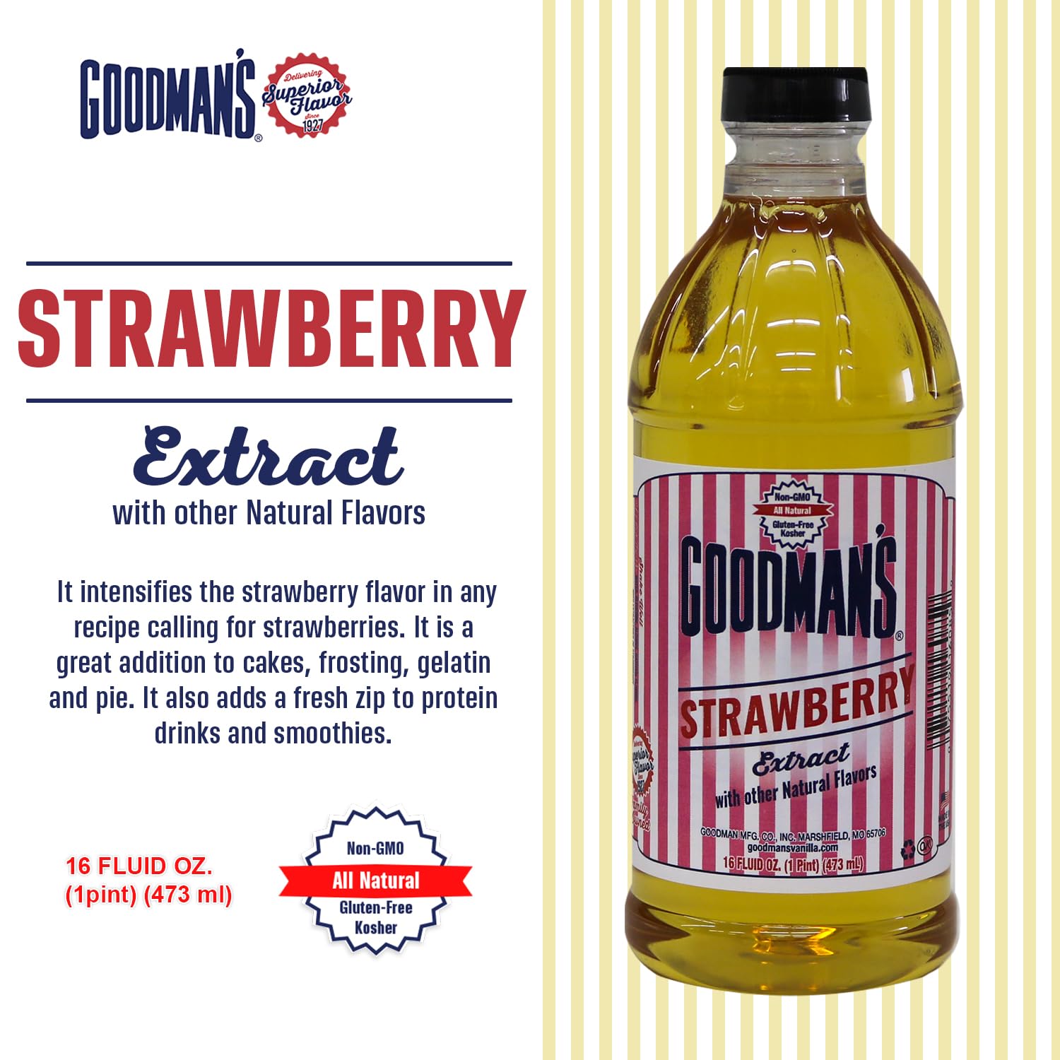 Goodman's Natural Strawberry Extract - Gluten-Free, Non-GMO, Kosher, Low Carb & Low Calorie, Low Alcohol, No Artificial Color, No Animal Products, No