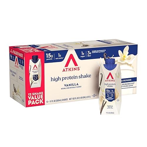 Atkins Vanilla High Protein Shake, 15g Protein, Low Glycemic, Low Carb and Low Sugar Protein Shakes, Keto Friendly Ready to Drink Shakes, 12 Vanilla