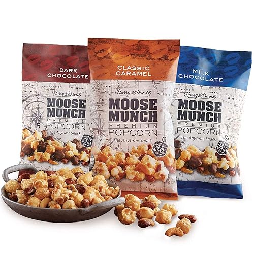 Moose Munch Premium Popcorn Tin Trio 3 Pack by Harry & David - Caramel, Milk Chocolate, Dark Chocolate