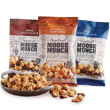 Moose Munch Premium Popcorn Tin Trio 3 Pack by Harry & David - Caramel, Milk Chocolate, Dark Chocolate