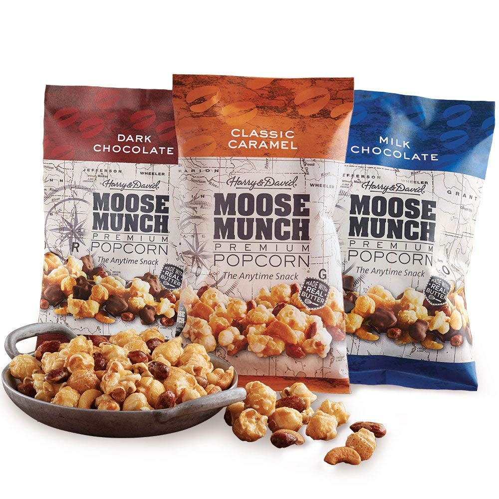 Moose Munch Premium Popcorn Tin Trio 3 Pack by Harry & David - Caramel, Milk Chocolate, Dark Chocolate