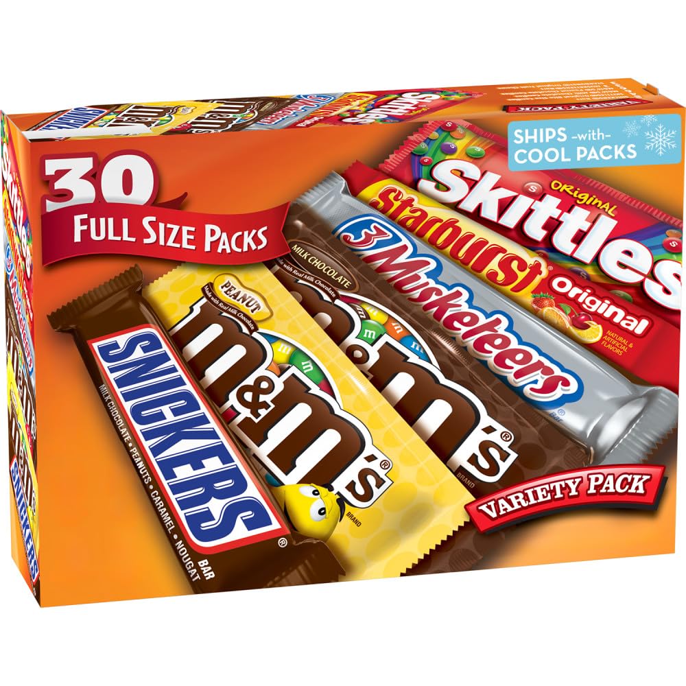 M&M'S, SNICKERS, 3 MUSKETEERS, SKITTLES & STARBURST Variety Pack Full Size Bulk Candy Assortment, 56.11 oz, 30 Bars